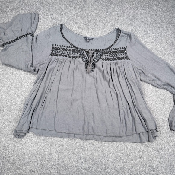 American Eagle Outfitters Tops - American Eagle Gray Embroidered Peasant Blouse Bell Sleeve Tassel Top XL